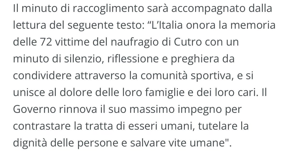 Sono sbalordito. Lo sport italiano si presta a fare da ufficio stampa al Governo, riuscendo perfino a sporcare il minuto di raccoglimento per 72 vittime del mare e ora anche della propaganda. Non credo ai miei occhi <a href="/Coninews/">CONI</a> <a href="/FIGC/">FIGC</a>