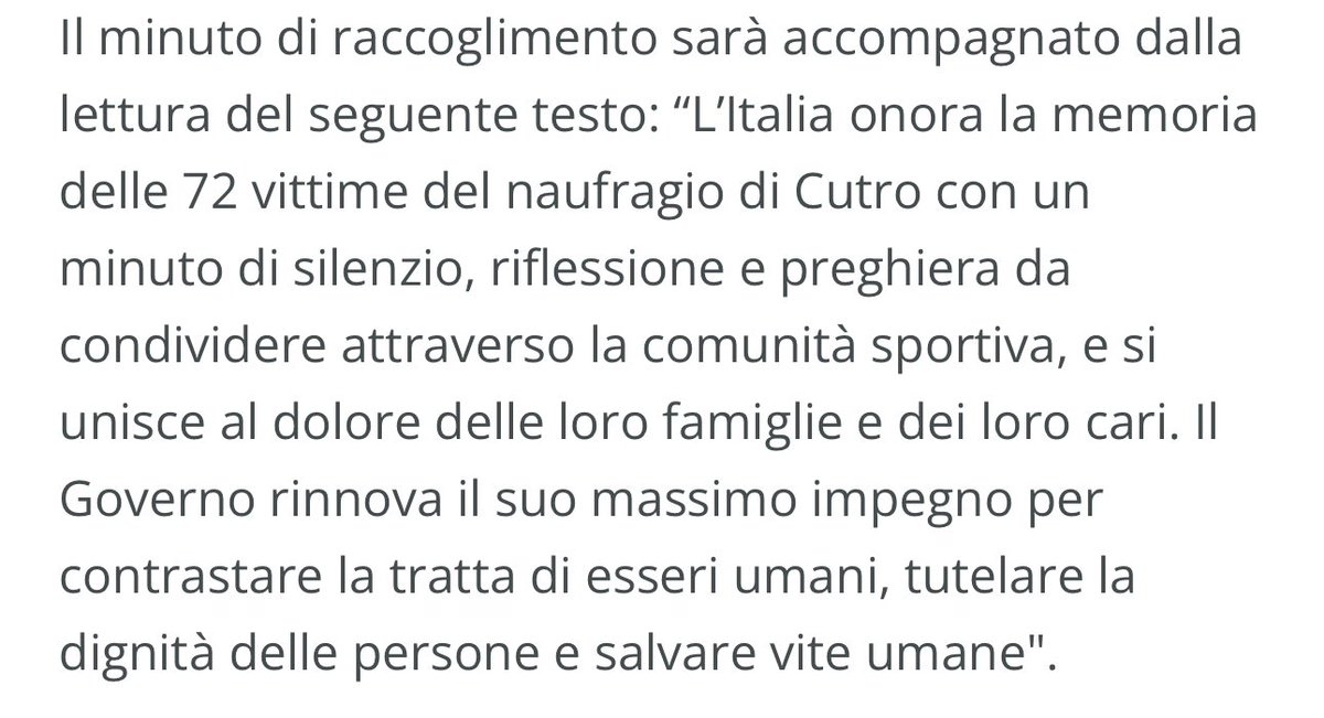 Sono sbalordito. Lo sport italiano si presta a fare da ufficio stampa al Governo, riuscendo perfino a sporcare il minuto di raccoglimento per 72 vittime del mare e ora anche della propaganda. Non credo ai miei occhi @Coninews @FIGC