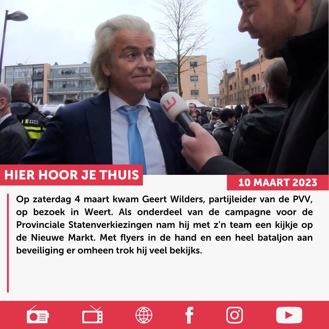 Geert Wilders heeft warme herinneringen aan Weert. Hij werd op 4 maart met enthousiasme ontvangen op de Nieuwe Markt in Weert.

Lees het gehele artikel via WeertFM.nl