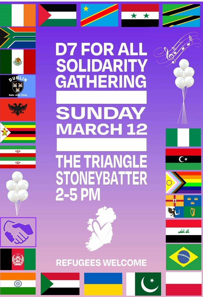LeCheileDND's tweet photo. What are you doing this Sunday?

Our friends in Dublin 7 are holding a solidarity gathering at the Triangle between 2-5pm this Sunday. Please join us if you can!
#RefugeesWelcome
#D7ForAll 
#IrelandForAll https://t.co/Qq4bywSmCf