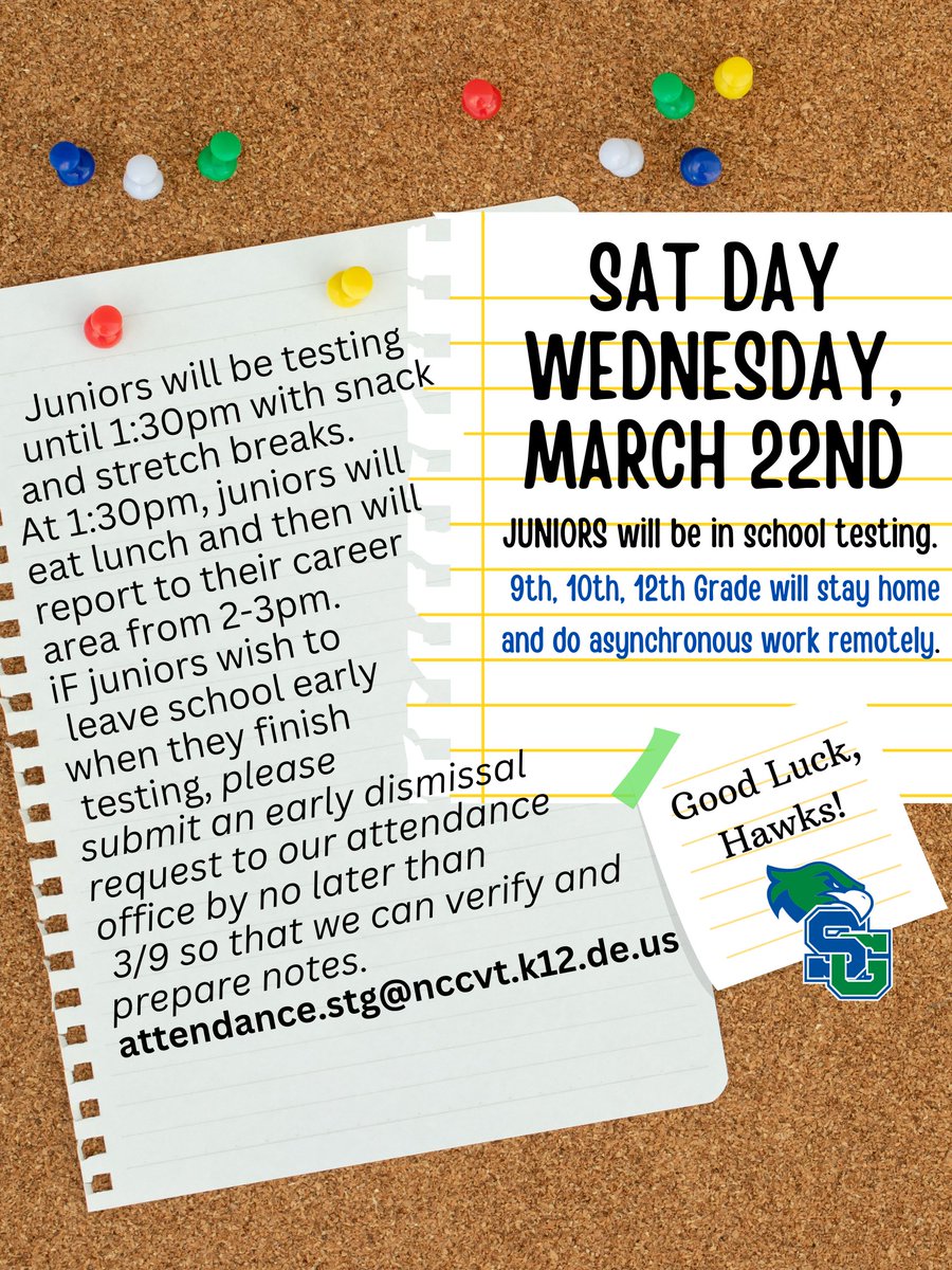 SG StudentActivities (@hawkssg) on Twitter photo Juniors, remember to get your early dismissal notes in if you are planning on leaving after the SAT. It's almost here! <a href="/StGGuidanceDept/">SG School Counselors</a> <a href="/ChadHarrisonSG/">Chad Harrison</a> <a href="/fhansonic/">Frank Hanson</a> <a href="/SarahOlsavsky/">Sarah Olsavsky</a> <a href="/drjconnor299/">James Connor</a> Juniors, remember to get your early dismissal notes in if you are planning on leaving after the SAT. It's almost here! <a href="/StGGuidanceDept/">SG School Counselors</a> <a href="/ChadHarrisonSG/">Chad Harrison</a> <a href="/fhansonic/">Frank Hanson</a> <a href="/SarahOlsavsky/">Sarah Olsavsky</a> <a href="/drjconnor299/">James Connor</a>