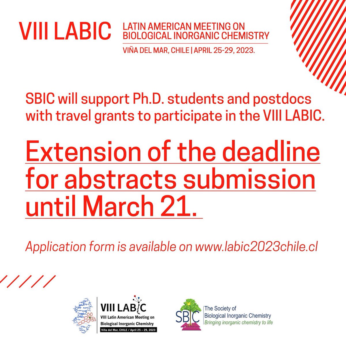 We are pleased to inform that SBIC will support Ph.D. students and postdocs with travel grants to participate in the VIII LABIC👏🏽🎉We are extending the deadline for abstract submission until March 21🗓️! Application form is available on the web! Thanks @SBICofficial 👏🏽👏🏽