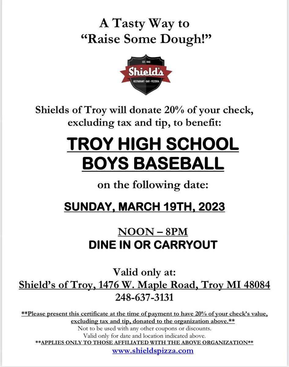 Come support the Troy High baseball team on March 19!