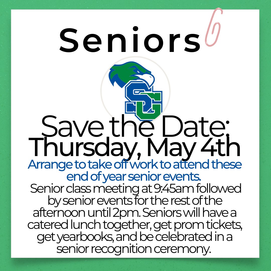 HawksSG's tweet image. #SGClassOf2023 mark your calendars! Plan ahead and take off now to celebrate our seniors. @ChadHarrisonSG @drjconnor299  @SarahOlsavsky @fhansonic @StGGuidanceDept