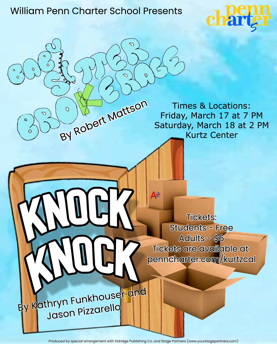 PennCharter's tweet image. We're one week away from our middle schoolers taking the stage! And it'll be twice as nice when they perform not 1 but 2 comedic plays: Babysitter Brokerage and Knock &amp;amp; Knock. Be there Fri., 3/17 @ 7pm &amp;amp; Sat., 3/8 @ 2pm. Learn more and get your tix now: penncharter.com/arts/performin…