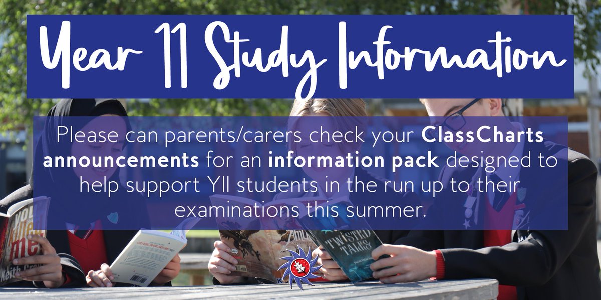 AcklamGrange's tweet photo. ✨ Year 11 Study Information for parents/carers ✨

Please can parents/carers check your ClassCharts announcements for an information pack designed to help support Y11 students in the run up to their examinations this summer. https://t.co/KtqlDZE4oj