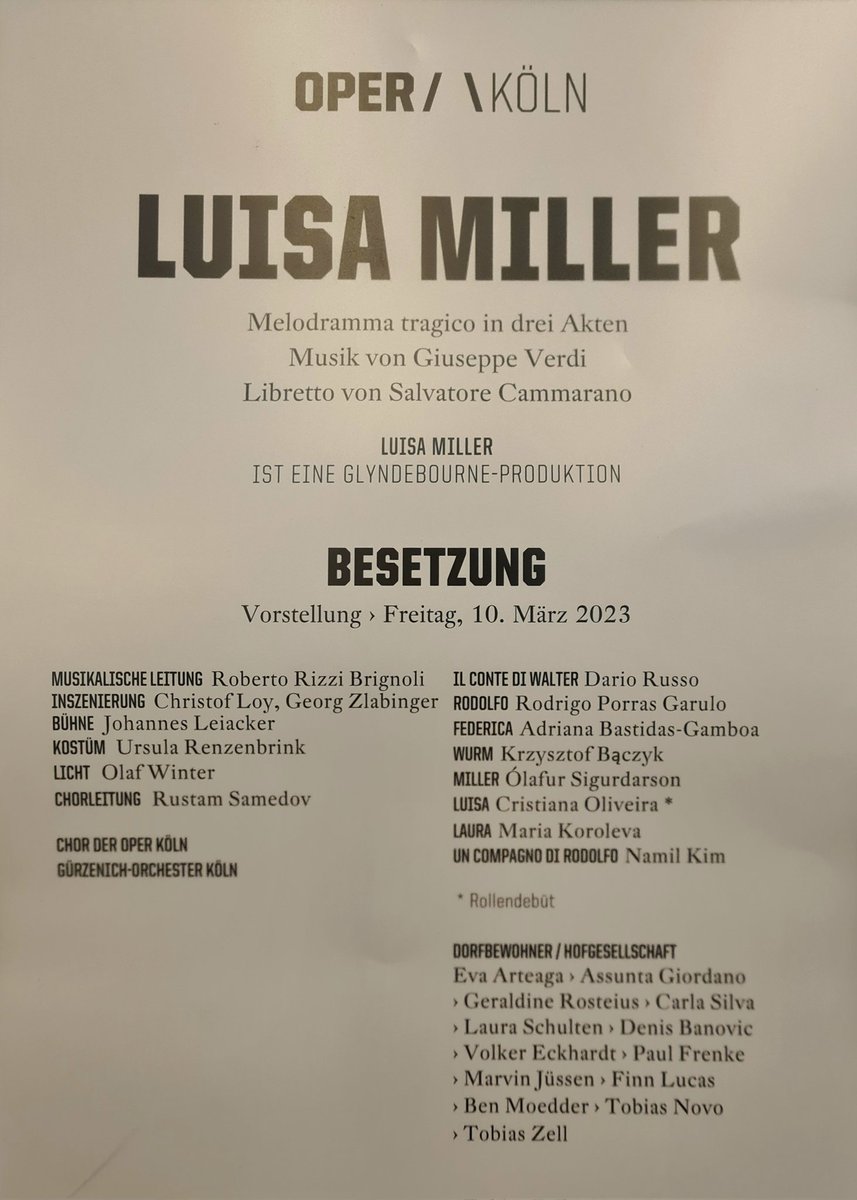 'Quando le sere al placido...'

Heute für mich zum ersten Mal #Verdi|s #LuisaMiller. Mal wieder ein #Loy. Bin besonders auf das Dirigat von Roberto Rizzi #Brignoli, dem designierten Mannheimer GMD, gespannt🎶 #OperKöln