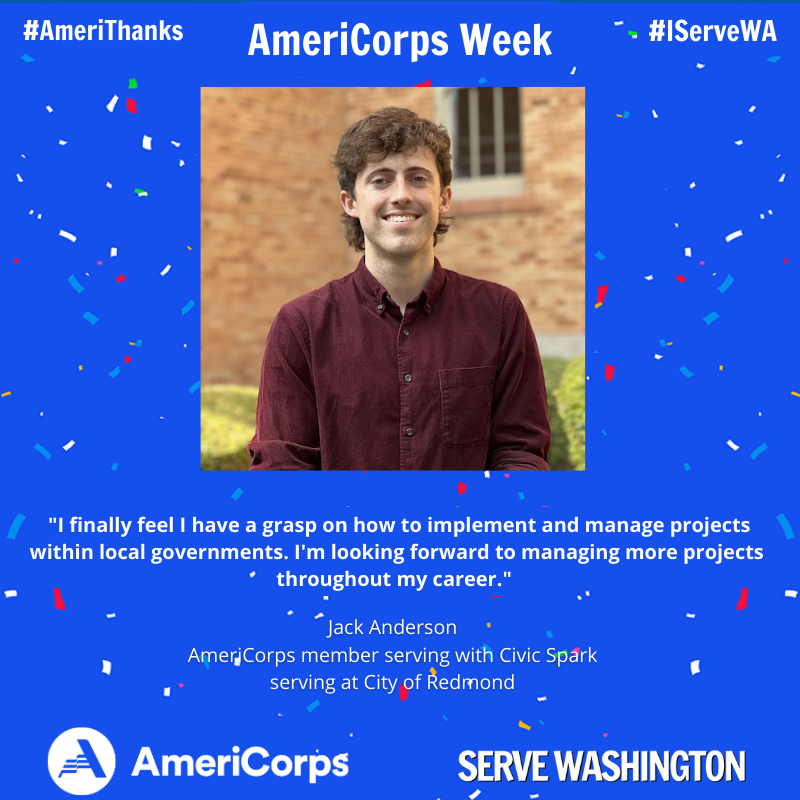 ServeWA's tweet photo. Happy 1st day of #AmeriCorpsWeek! Here's our 1st #ServiceStory from @AmeriCorps member Jack Anderson serving with @CivicWellorg
@CivicWellorg.
“I finally feel I have a grasp on how to implement and manage project within local governments.”
Read more:
https://t.co/mCq25drOqt https://t.co/XiC1rtGc7d