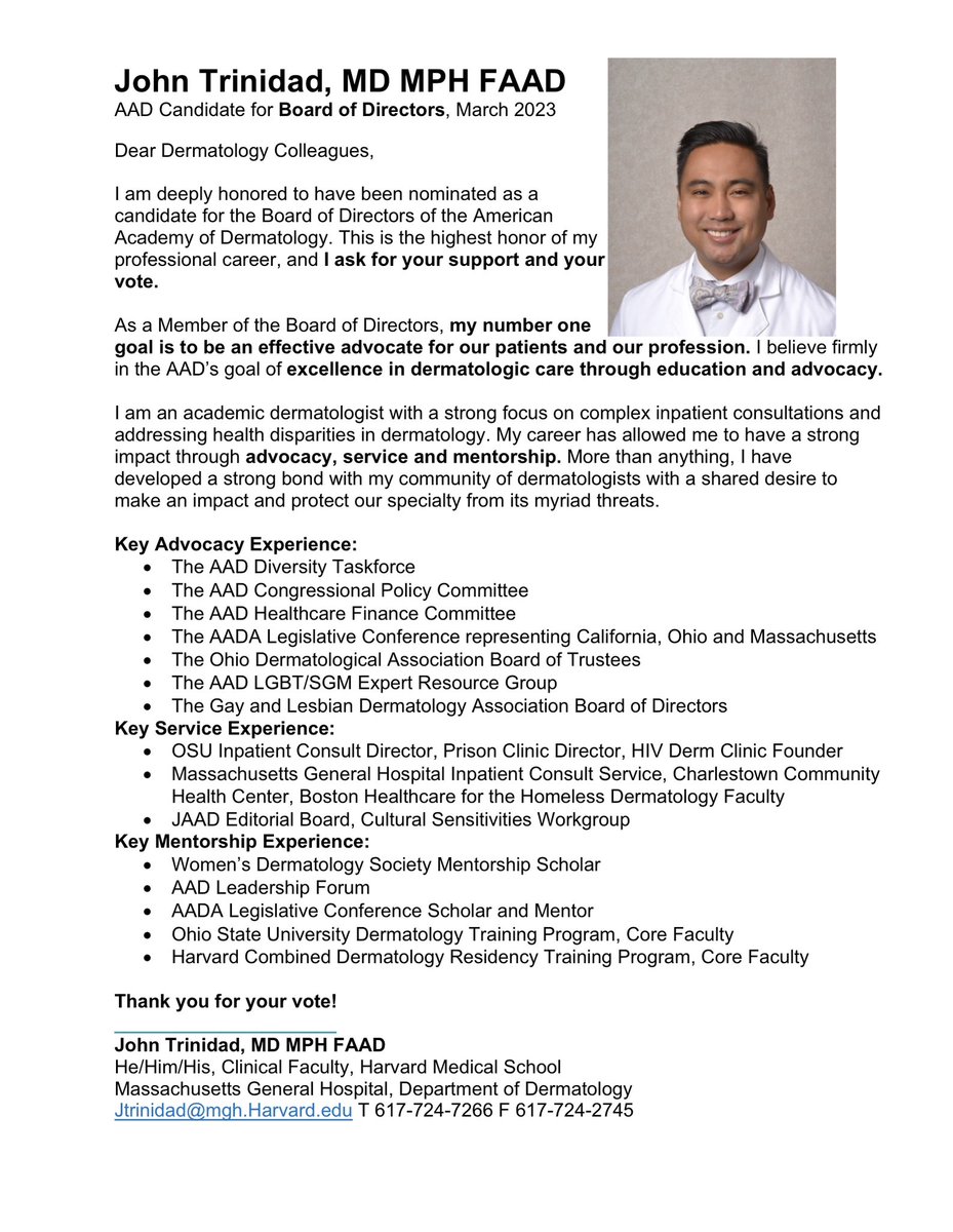 JohnMdmph's tweet photo. Hello #dermtwitter and #dermatology. Would love your help!  Nominated for Board of Directors for the AAD. Please support and spread the word! https://t.co/nFhIHcRzsF
