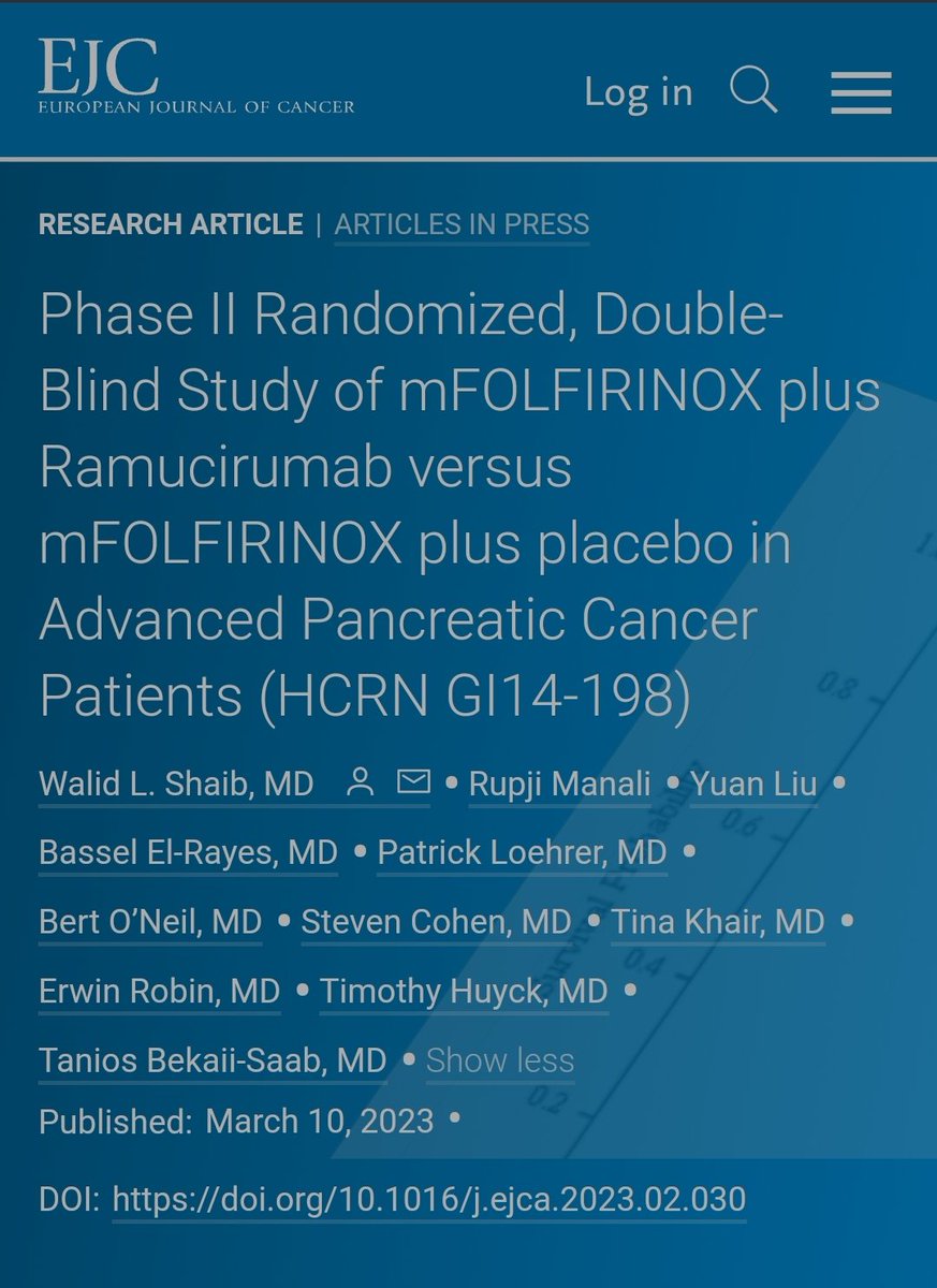 mFOLFIRINOX plus Ramucirumab versus mFOLFIRINOX plus placebo in Advanced Pancreatic Cancer Patients 
(HCRN GI14-198)

FFX/RAM vs FFX
PFS➡️5.6 vs 6.7 mos
OS➡️10.3 vs 9.7 mos

💥The addition of RAM to FFX did not significantly impact PFS or OS

<a href="/OncoAlert/">OncoAlert</a>
 ejcancer.com/article/S0959-…