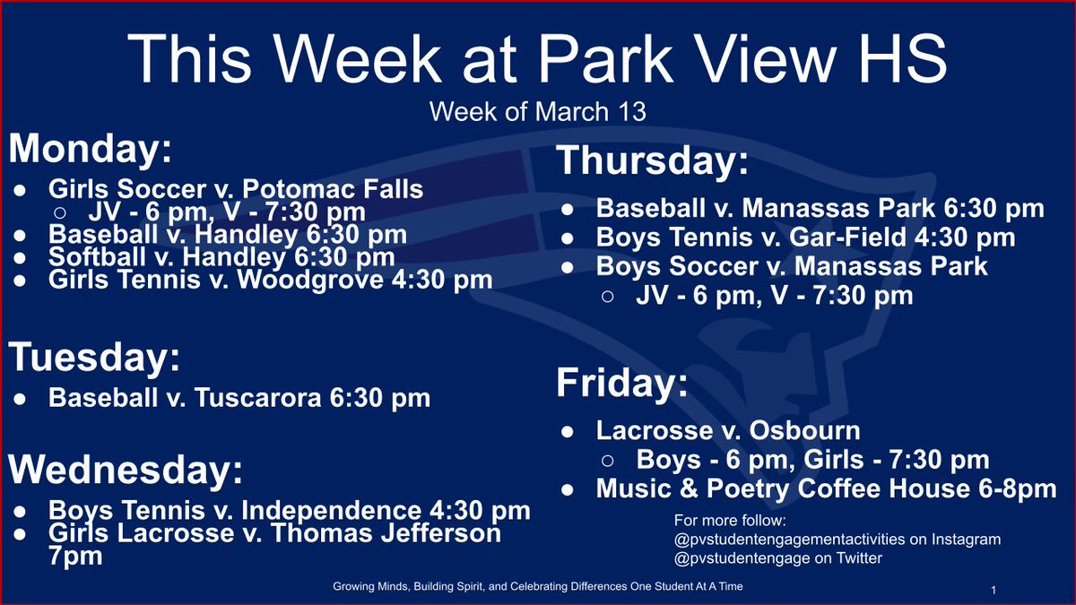 PVStudentEngage's tweet photo. Hope to see you at @Park_View_HS this week!!! #GoPatriotsGo @pvpatriotnation @park_patriots @boys_pv https://t.co/wUklGT6cm6