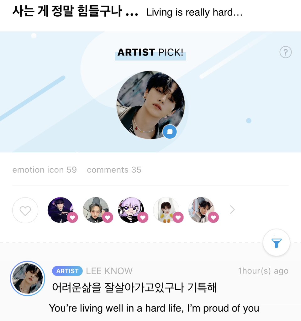 🐰 💌- 🌱
[110323]
Lee Know commented: 

You’re living well in a hard life, I’m proud of you