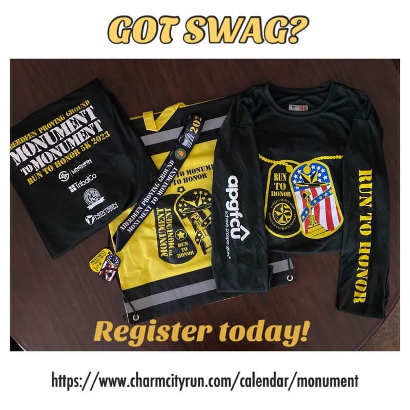 The SWAG has arrived for the 2023 Aberdeen Proving Ground Monument to Monument Run to Honor! You can register at: charmcityrun.com/calendar/monum…
