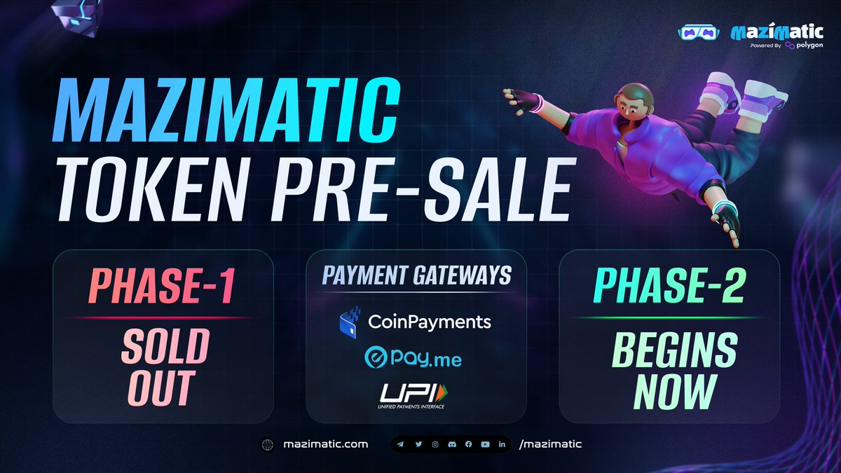 #MaziMatic Token Pre-sale Phase 2 begins now! 🔥🚀

Thanks to the tremendous support from the community, Phase 1 SOLD OUT blasting all the records. 🎉💰

It's time to make Phase 2 a super hit! 😍

Buy tokens exclusively on MaziMatic.com 🚀⚡️

@WeAreSaitama <a href="/Epayme_uae/">Epay.me</a>