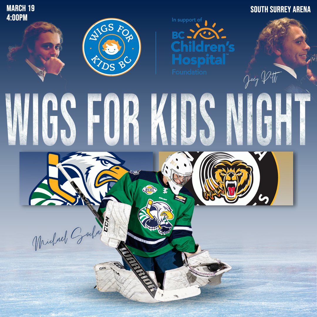 Mark your Calendars! 📌

It's <a href="/WigsforKidsBC/">Wigs for Kids B.C.</a> Night - Our <a href="/_JoeyPitt/">Joey Pitt 🎙🚨</a> will be shaving his head for charity!

📅 | March 19
📍 | South Surrey Arena
⏰ | 4:00pm
🆚 | <a href="/BCHLGrizzlies/">Victoria Grizzlies</a>
 
Tickets 👇
tickets.surreyeagles.ca 

Donate to @wigsforkidsbc Here👇
secure.bcchf.ca/SuperheroPages…