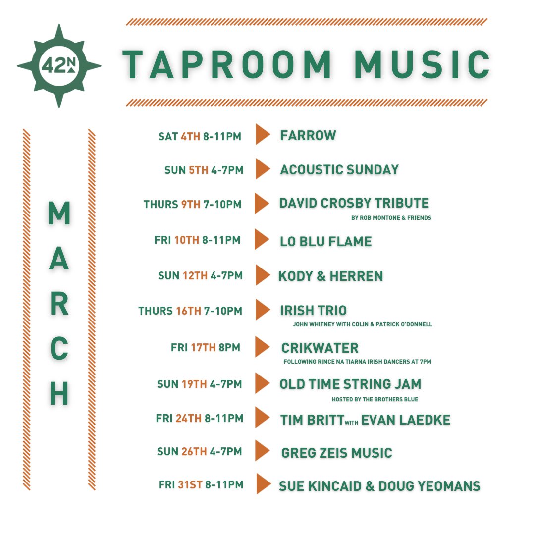 Listen local this month at 42 North! We’ve got a March lineup packed with talent. #listenlocal #drinklocal