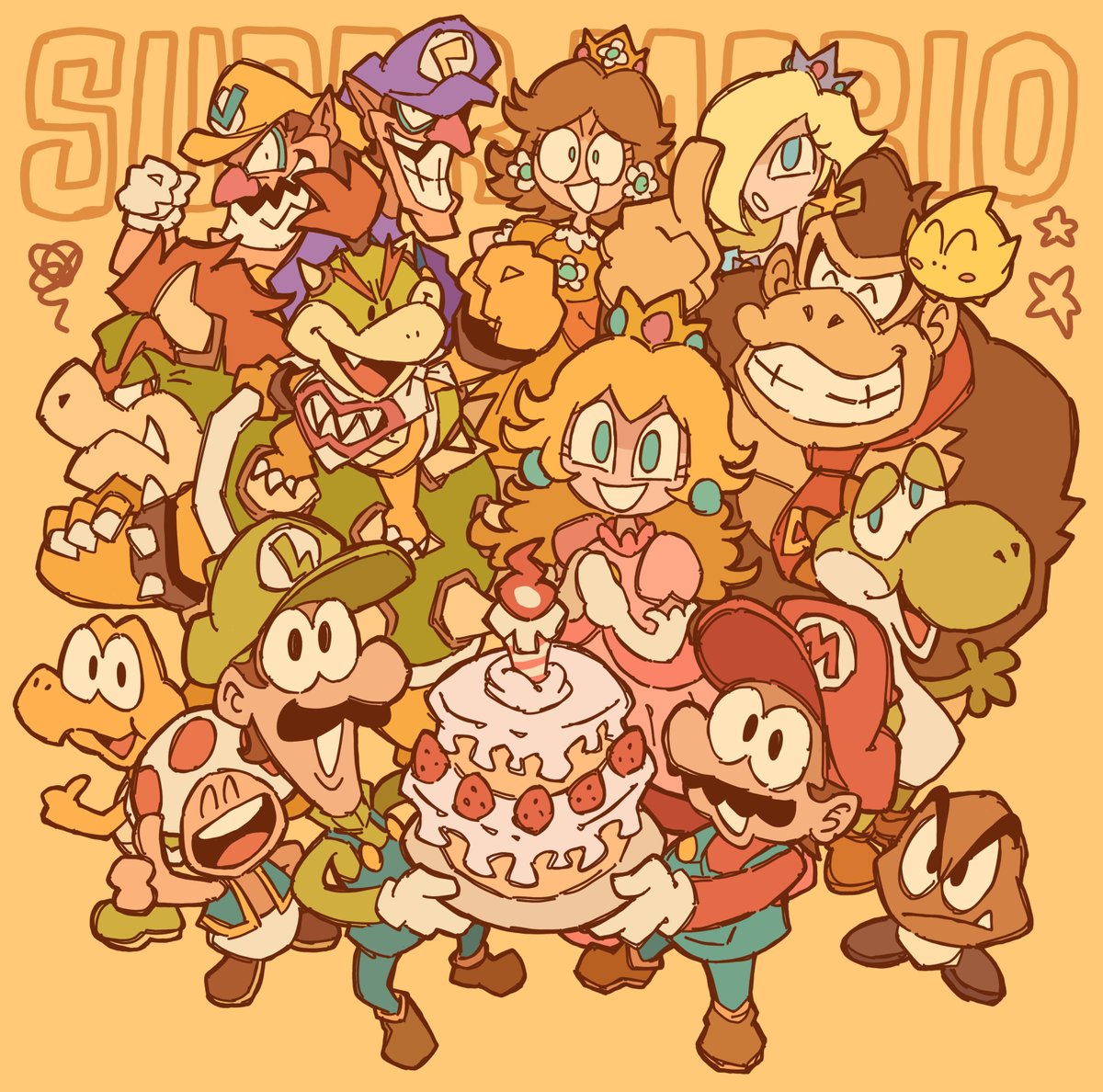 bowser ,luigi ,mario ,princess daisy ,princess peach overalls multiple boys multiple girls smile white gloves food blonde hair  illustration images