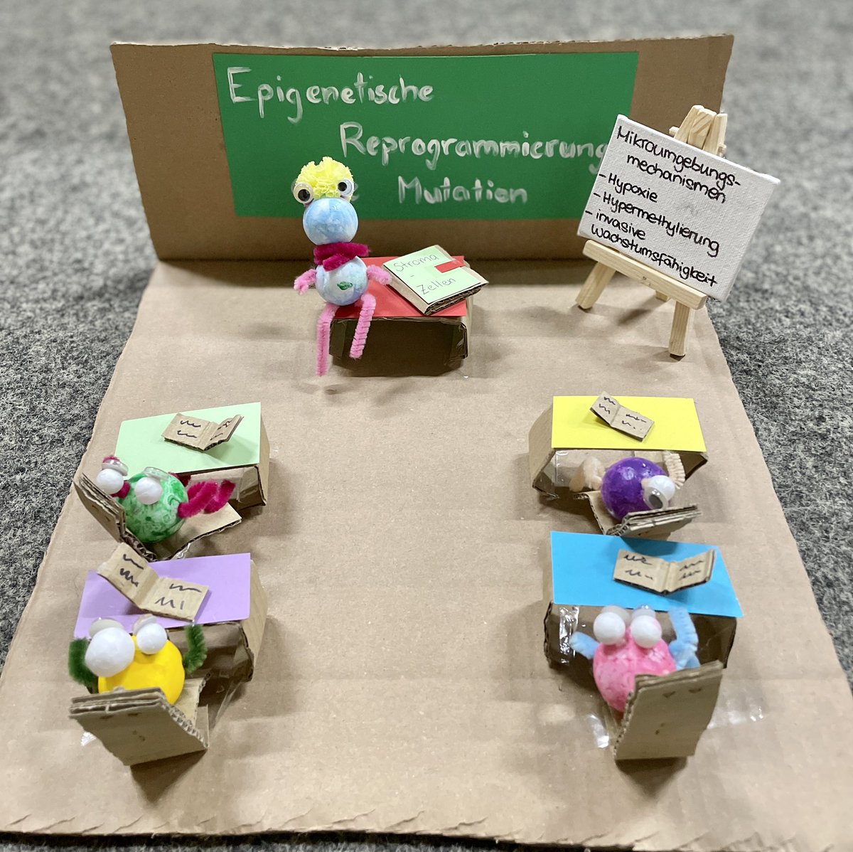 KirstenLauber's tweet image. Special project in my class of technicians: Vizualize the #hallmarksofcancer. My favorite so far: #Epigeneticreprogramming interpreted as cells being educated in a &apos;tumor cell class&apos; learning how to adapt to the conditions of the tumor microenvironment. @LMU_RadOnc