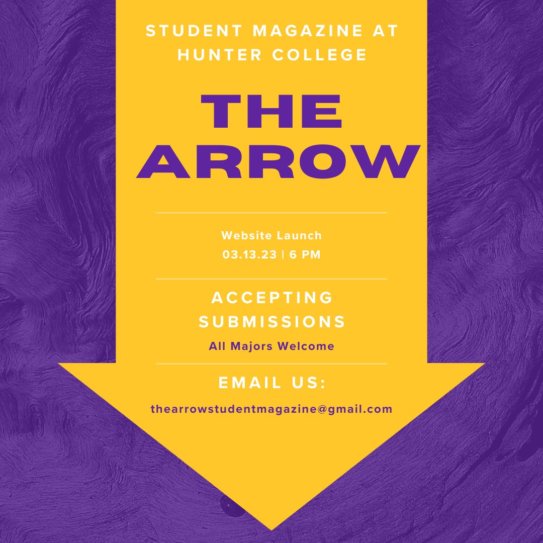 TheArrowMag's tweet photo. Mark your calendars! The Arrow, Hunter's new student journalism magazine, launches this Monday. #StudentJournalism #HunterCollege https://t.co/Fpr6ZsugF4