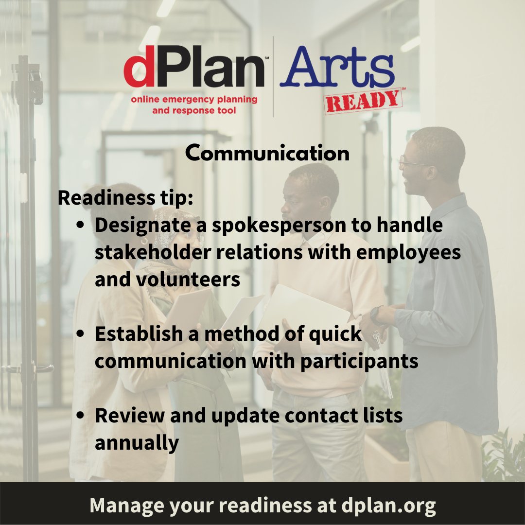 PAReadiness's tweet photo. The online dPlan|ArtsReady planning tool guides you through steps of creating elements of your performing arts org’s emergency plan. Request a free year of access https://t.co/TfGBISTSlK Begin your plan today by visiting https://t.co/hlB7uBSFUb. #EmergencyPreparedness @NEDCCInfo https://t.co/l2cA4BQoVh
