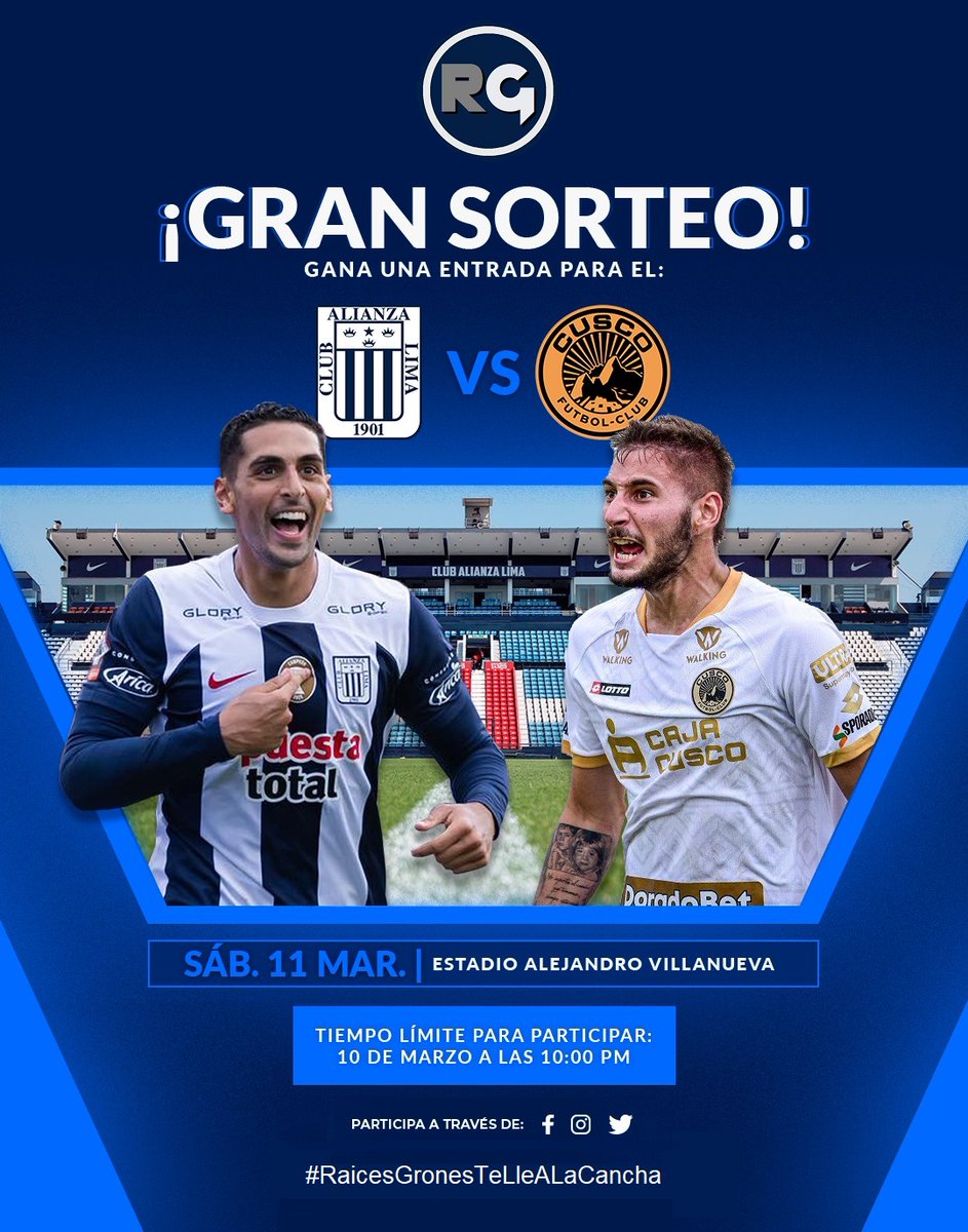 RaicesGrones's tweet photo. ¡TE LLEVAMOS A LA CANCHA! 📣⚽
#RaicesGrones te lleva #GRATIS al #AlianzaLima vs #CuscoFC.
Concursa por una entrada para la Tribuna Sur🎟️ siguiendo estos pasos:
Síguenos en: 
1⃣ @raicesgrones
2️⃣ Dale like al post y etiqueta 3 amigos.
3️⃣ Comparte el sorteo en tu muro personal. https://t.co/CzqKSOLRoH