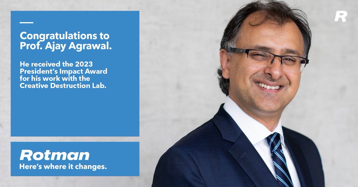 Rotman School (@rotmanschool) on Twitter photo Congratulations to <a href="/professor_ajay/">Ajay Agrawal</a>. He is a recipient of the <a href="/UofT/">University of Toronto</a> 2023 President's Impact Award. His pioneering research on innovation and entrepreneurship inspired his design of the <a href="/creativedlab/">Creative Destruction Lab (CDL)</a> rotman.utoronto.ca/Connect/MediaC⦠Congratulations to <a href="/professor_ajay/">Ajay Agrawal</a>. He is a recipient of the <a href="/UofT/">University of Toronto</a> 2023 President's Impact Award. His pioneering research on innovation and entrepreneurship inspired his design of the <a href="/creativedlab/">Creative Destruction Lab (CDL)</a> rotman.utoronto.ca/Connect/MediaCā¦