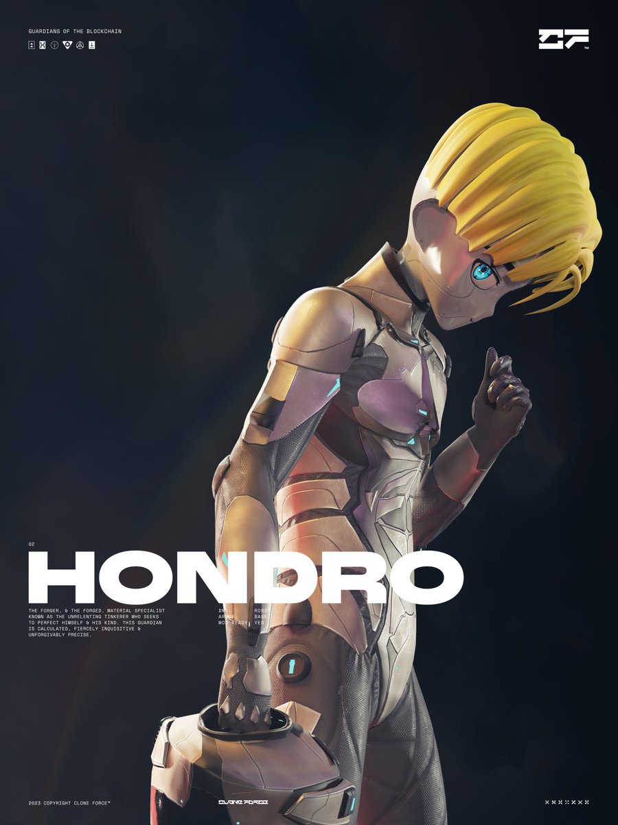 02. HONDRO

The forger, &amp; the forged. Material specialist known as the unrelenting tinkerer who seeks to perfect himself &amp; his kind. 

This Guardian is calculated, fiercely inquisitive &amp; unforgivably precise.

🤖