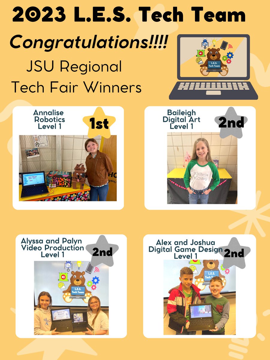 Woodruff_LES's tweet image. Congratulations to our ACTE Regional Tech Fair Winners!!!  We submitted 21 projects and ALL 21 placed!!!  We are so proud of these @TCBOE_LES students and the time and effort they put in to their projects!!!  #GrowingTogether  #LearningtoLead.🎉💻🐻🏆