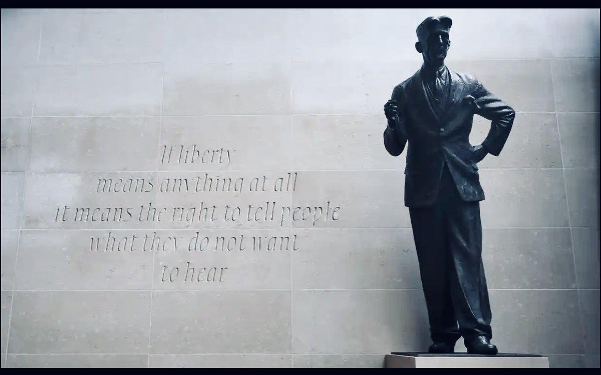Statue outside @BBCNews Broadcasting House … ‘The further a society drifts from truth the more it will hate those who speak it.’ George Orwell