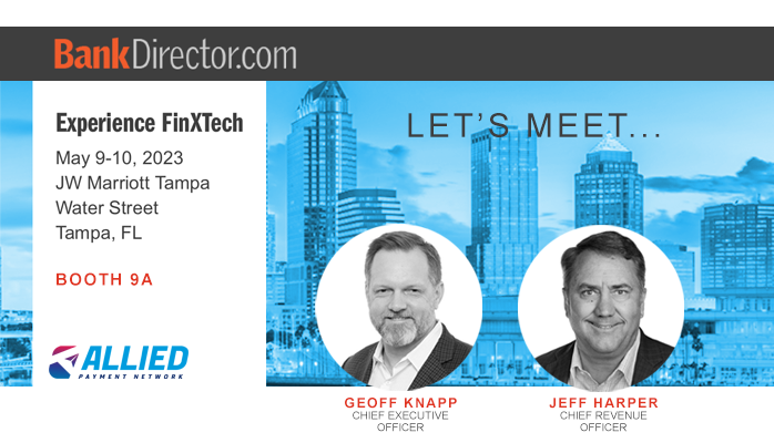 AlliedPayment's tweet photo. The @BankDirector #FinXTech Conference is coming soon!
Schedule a meeting today to talk to @AlliedPayment about our vision for #digitalpayments where your bank is the "hub" of your customers' financial lives.
Meeting link:
https://t.co/Nv3OllwB1K https://t.co/UQoGngGSdT