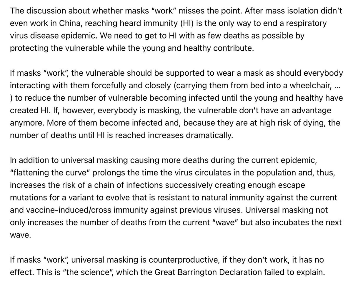 KnutMWittkowski's tweet photo. @zeynep The discussion about whether masks “work” misses the point. If they “work”, universal masking is counterproductive (increasing the number of deaths), if they don’t work, universal masking has no effect. https://t.co/sLA27t0TLz