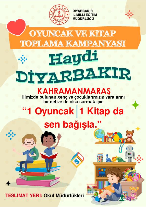 Çocuklarımız İçin 1️⃣ Oyuncak🚂 1️⃣ Kitap 📘

Kahramanmaraş'ta bulunan genç ve çocuklarımız için 1 oyuncak 1 kitap kampanyası kapsamında 13-24 Mart 2023 tarihleri arasında okullarımızda oyuncak ve kitap toplanacaktır. Desteklerinizi bekleriz.
<a href="/tcmeb/">Millî Eğitim Bakanlığı</a>
<a href="/prof_mahmutozer/">Mahmut Özer</a>
<a href="/Murat4Kucukali/">Murat Küçükali</a>