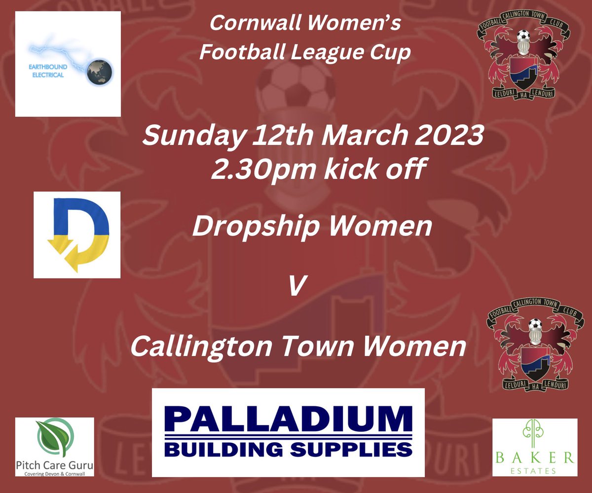 Sunday sees yet another away trip for our <a href="/CallyTownFC/">Callington Town FC</a> Women as they travel to Camborne to take on <a href="/DropshipLadies/">Dropship Ladies FC</a> in the <a href="/TheCWFL/">CWFL</a> with a 2.30pm kick off <a href="/swsportsnews/">South West Sports News</a> <a href="/PLsportsnews/">PlymouthSportsNews</a> <a href="/sportscornwall/">Cornwall Sports Media</a> @PalladiumK <a href="/KJMsport57/">Kevin Marriott</a>
