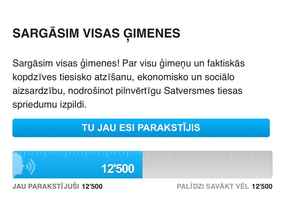 1️⃣2️⃣ 5️⃣0️⃣0️⃣ parakstu iniciatīvai “Sargāsim visas ģimenes”. Esam jau pusē! 🎉🎉🎉

Ja arī Tu vēlies, lai tiktu pieņemts Civilās savienības likums un tiktu atzītas visas Latvijas ģimenes, 

✍️ paraksti petīciju šodien: manabalss.lv/sargasim-visas…