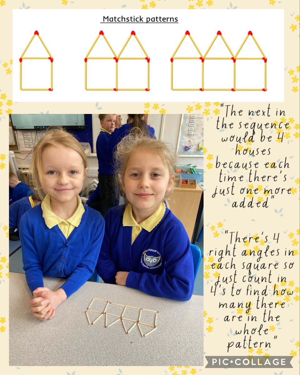 MissChoo17's tweet photo. Today in maths we applied our 2D shape knowledge to some problem solving with matchsticks! We talked about the shapes we could see, the difference between the number of matchsticks in each pattern, the number of right angles in each pattern and the next patterns in the sequence! https://t.co/0twr24XiqR