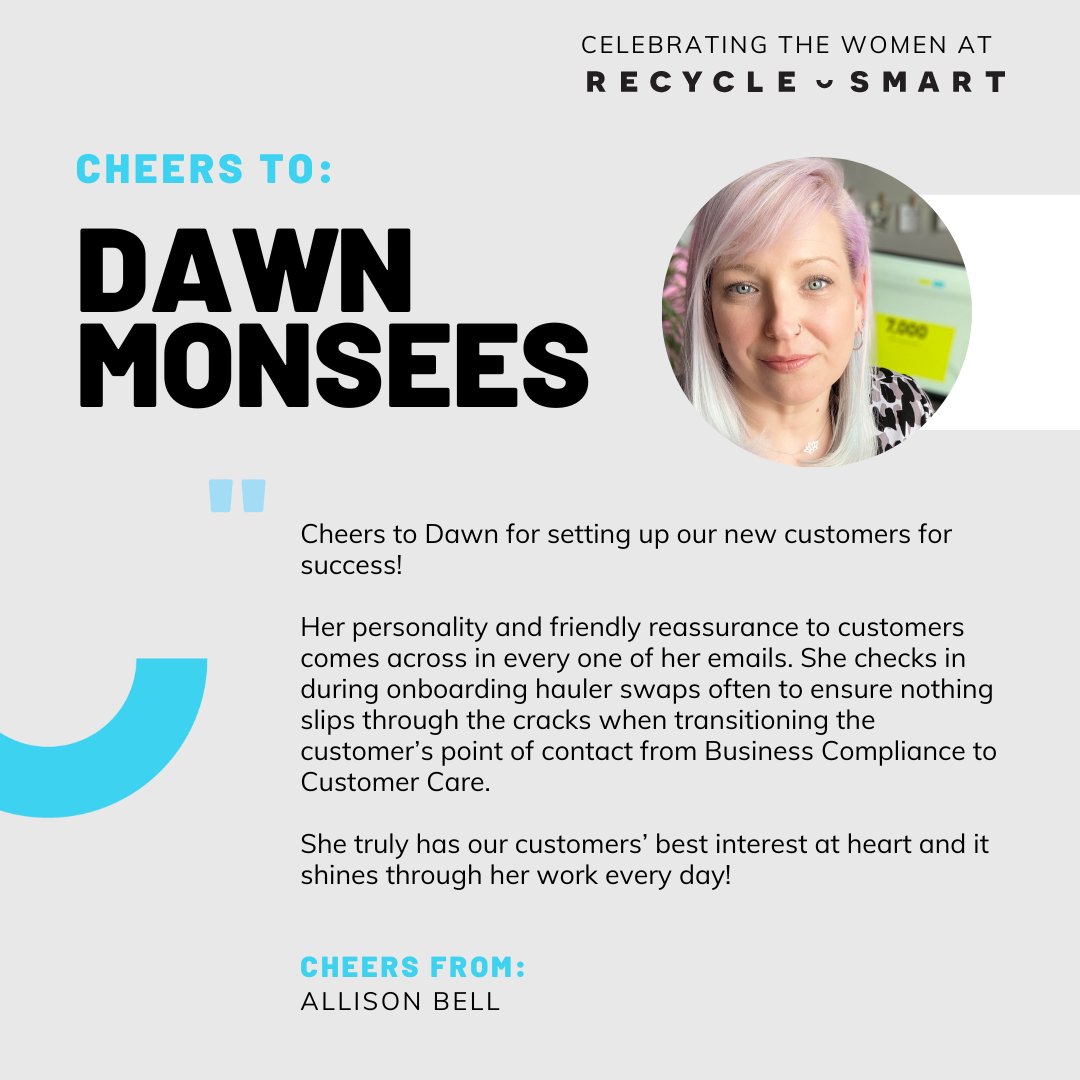 Our celebration of International Women's Day continues, we're proud to recognize the contributions of women at RecycleSmart and their impact on the success of our company!

We support 2023's theme of #embraceequity - gender equality today for a more sustainable future 🌍️