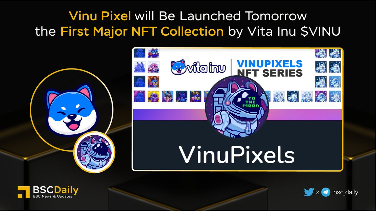 bsc_daily's tweet image. 🎉 @VitaInuCoin #VINU Pixel will Be Launched Tomorrow - The First Major #NFT Collection by #VitaInu $VINU 😍

#VINUPIXEL - featuring 5,000 unique digital artworks - original an 8bit pixel-art style, representing variations on mech-dogs !

More details👇

#BNB #BSC #WEB3