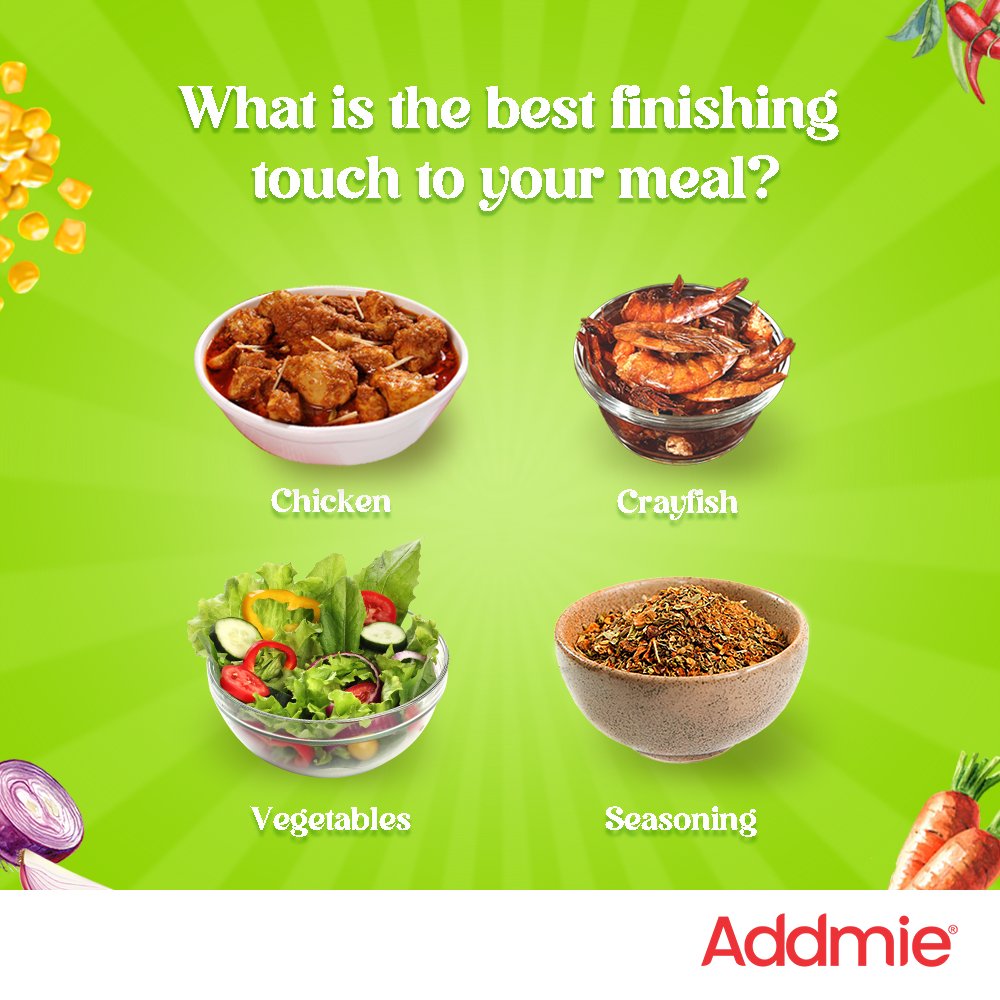 addmenigeria's tweet photo. What’s that one ingredient you must add to your meal to give it that final touch? 

I can’t choose 👩🏽‍🍳

#Addmie #AddmieDone #Thefinaltouch https://t.co/vx7Q7cLHPs