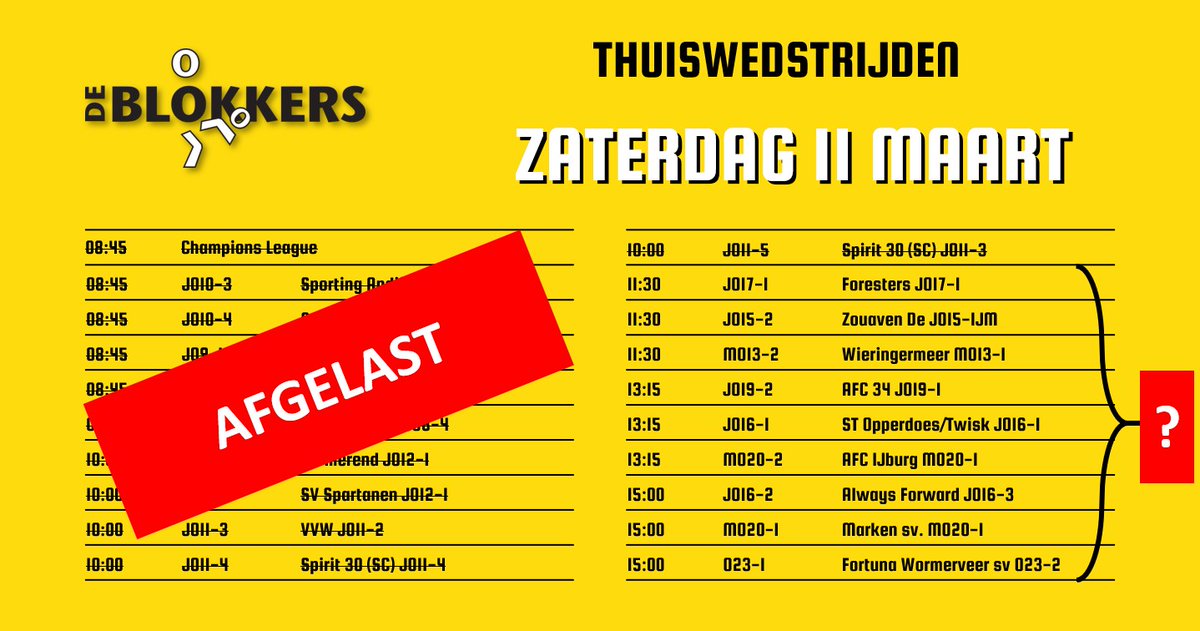 🌨 Alle thuiswedstrijden zaterdagochtend tot 11:30 zijn afgelast. Voor uitwedstrijden hou de widget op de homepage van deze site in de gaten, of kijk in voetbal.nl. 

Zaterdagochtend zal herkeuring plaatsvinden voor de wedstrijden die starten op 11:30 of later.