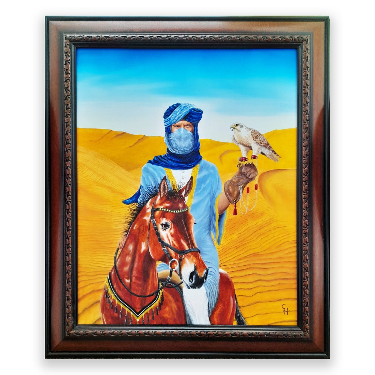 Falconry is a way of life in Arabia, (especially amongst the elite and royalty) Original Painting size: 51cm x 41cm (20in x 16in), Framed size: 61cm x 51cm (24in x 20in) (Framed fine art prints are available) £300-00 Buy now at newartgallery.co.uk