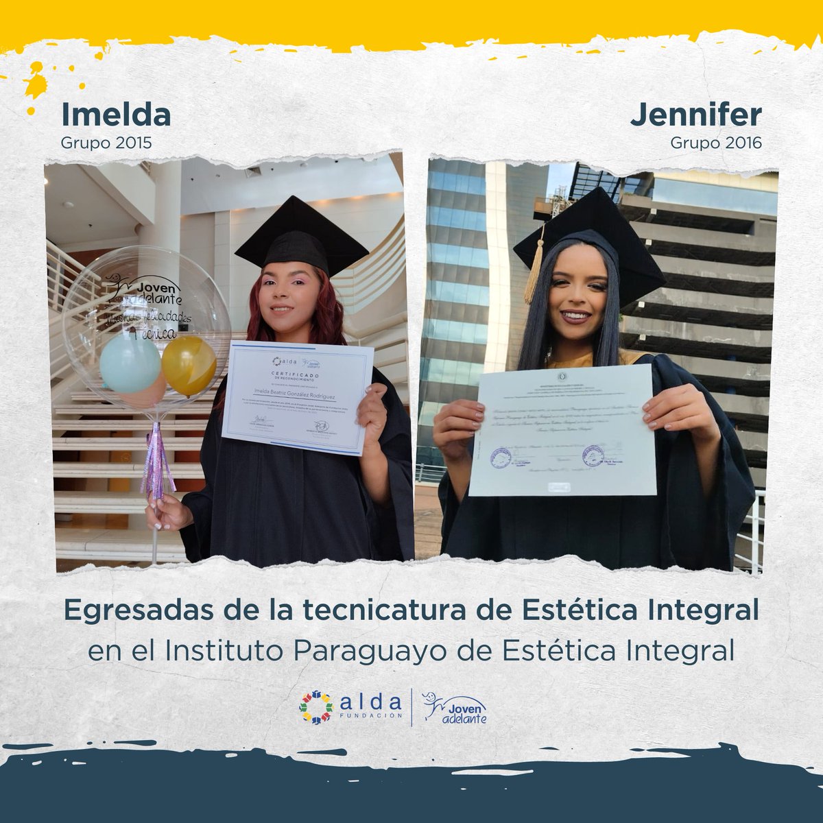 FundacionAlda's tweet photo. 👩🏻🎓 ¡Con gran alegría felicitamos a Imelda y Jennifer por su egreso como técnicas en Estética Integral! 🎉
Desde el proyecto Joven Adelante las hemos visto avanzar con esfuerzo y dedicación hacia sus metas. 💪🏼👏🏼
¡Seguimos cambiando historias!🤩
#JovenAdelante
#CompromisoAlda https://t.co/8pMlBwRx4u