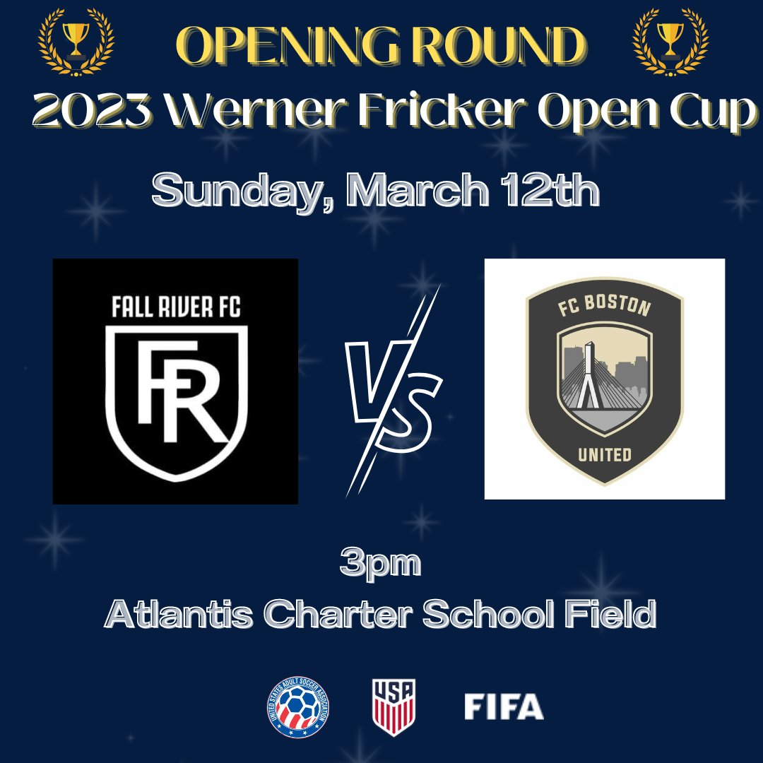 🎉And we are off....   🏆Spring Cups Kickoff this weekend!!!

🤩Opening Round Fricker Cup

Saturday:
⚽️10am <a href="/AlbaniaUnitedSC/">Albania United SC</a> vs <a href="/AlleghanyFC/">Alleghany FC</a> 
⚽️5pm Sete Setembro vs <a href="/kendallwanderer/">Kendall Wanderers F.C.</a> B

Sunday:
⚽️2pm <a href="/WorcCountyFC/">Worcester County Football Club</a> vs MIT FC
⚽️3pm <a href="/FallRiverFC/">Fall River FC</a> vs @fcbostonunited 

🏆Let's Go!🏆