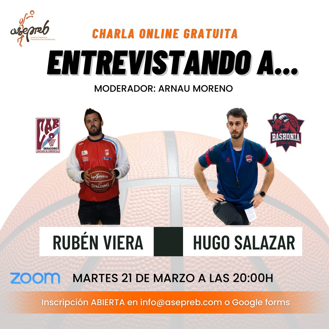 🆕𝗖𝗛𝗔𝗥𝗟𝗔 𝗢𝗡𝗟𝗜𝗡𝗘 𝗚𝗥𝗔𝗧𝗨𝗜𝗧𝗔

🏀<a href="/rubenvieirag/">Rubén Vieira</a> (Obradoiro)
🏀<a href="/h_salazar_/">Hugo Salazar</a> (Baskonia)

☑️Moderador: Arnau Moreno

🗓️Martes 21 de marzo a las 20h

✅Inscripción abierta en info@asepreb.com o forms.gle/tJsiBSQKVJJDbh…