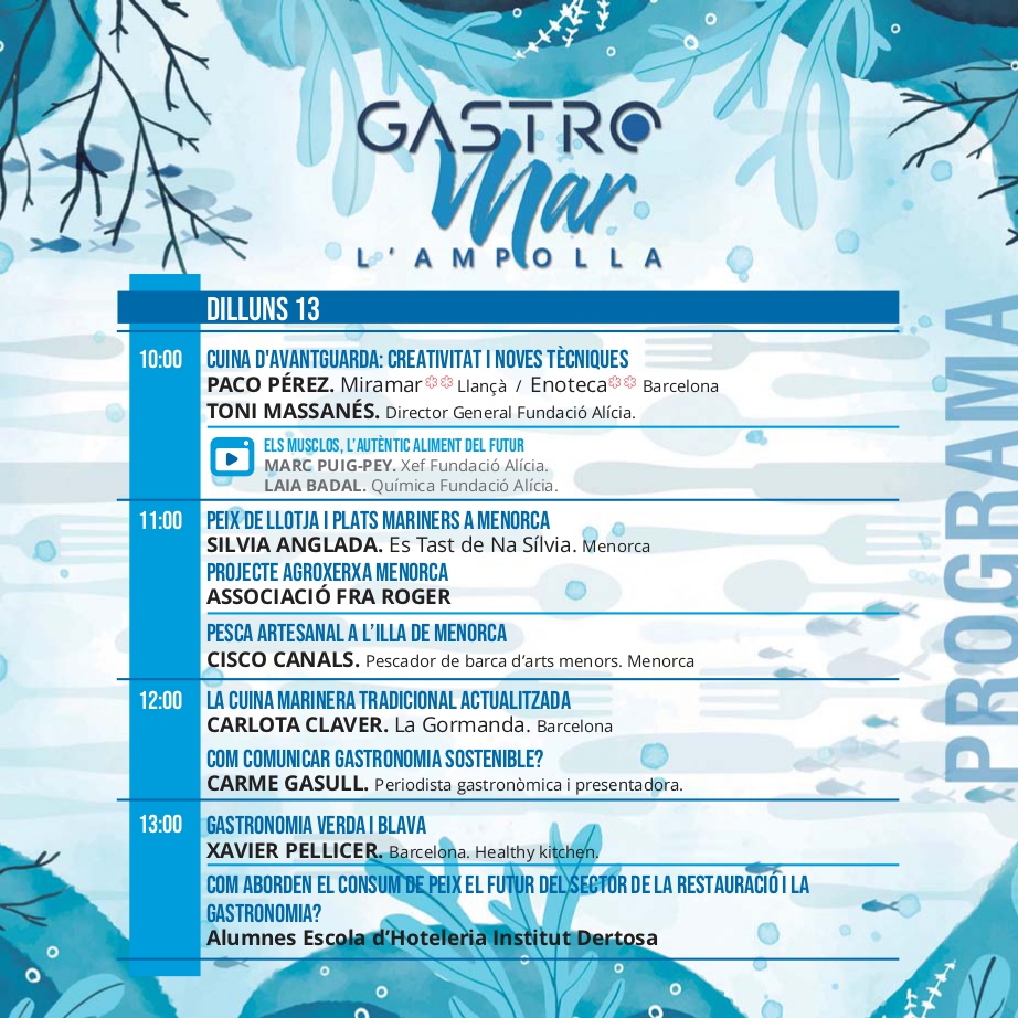 FundacioAlicia's tweet photo. Aquest diumenge 13 arranca la 3a edició del Congrés Gastromar a @lampollaturisme Unes jornades gastronòmiques i científiques dedicades als productes de la mar, la sostenibilitat, la cuina marinera, la pesca i els productes del territori. #gastromar @repicaevents https://t.co/fz0dKnjiP6