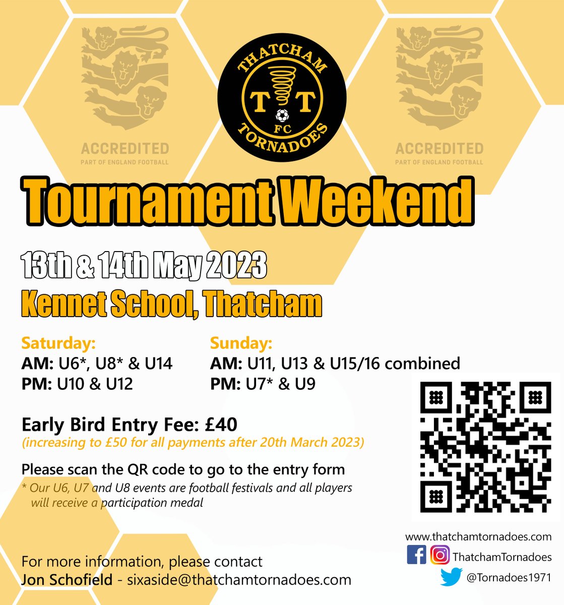 We still have a couple of spaces left for teams to enter our tournament weekend on 13th/14th May.
U7 (2 spaces)
U9 (2 spaces)
U14 (6 spaces)

All other age groups full.  To join waiting list in case teams withdraw, please email Jon - sixaside@thatchamtornadoes.com