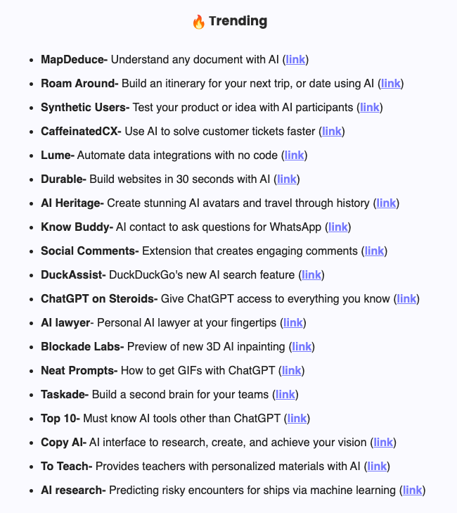 TheRundownAI's tweet photo. AI is moving FAST.

100+ new products this week with the ChatGPT API release.

The top 20 trending tools and resources from today's newsletter👇 https://t.co/u9wzfgx8Qf