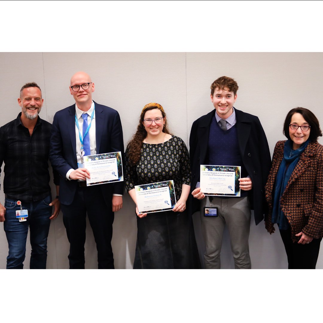 CHOP_Research's tweet image. Winners of our first @ChildrensPhila @Penn Science Slam Competition! Congrats to Rebecca Somach, Jelte Kelchterman, &amp;amp; Michael McCoy for wowing the judges &amp;amp; audience by communicating their science in 3 minutes or less! #sciencecomm #AcademicTwitter