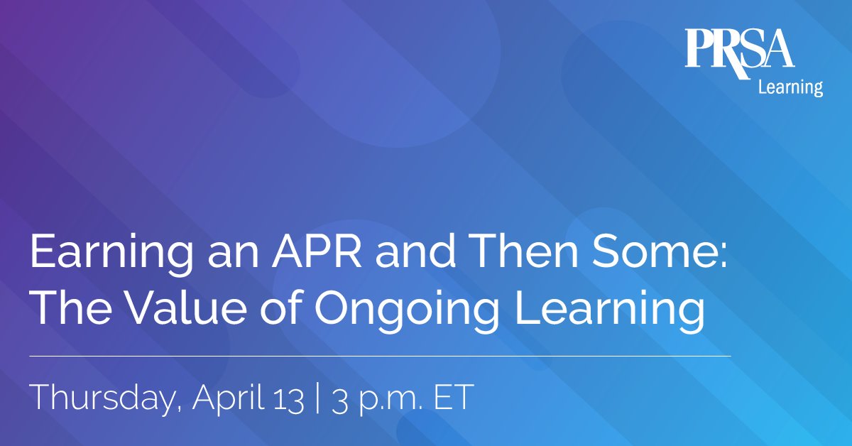 PRSA's tweet photo. Ever wonder if an APR is worth the effort? In this #PRSAlearning Webinar, @SBrodnicki, APR, Fellow PRSA, and @GigiWesterman, APR, Fellow PRSA, will walk through their mid-career decisions to earn their #APR and the slightly bumpy road to success.  Register https://t.co/a2wFKGe2yP https://t.co/KiNLDkDbie