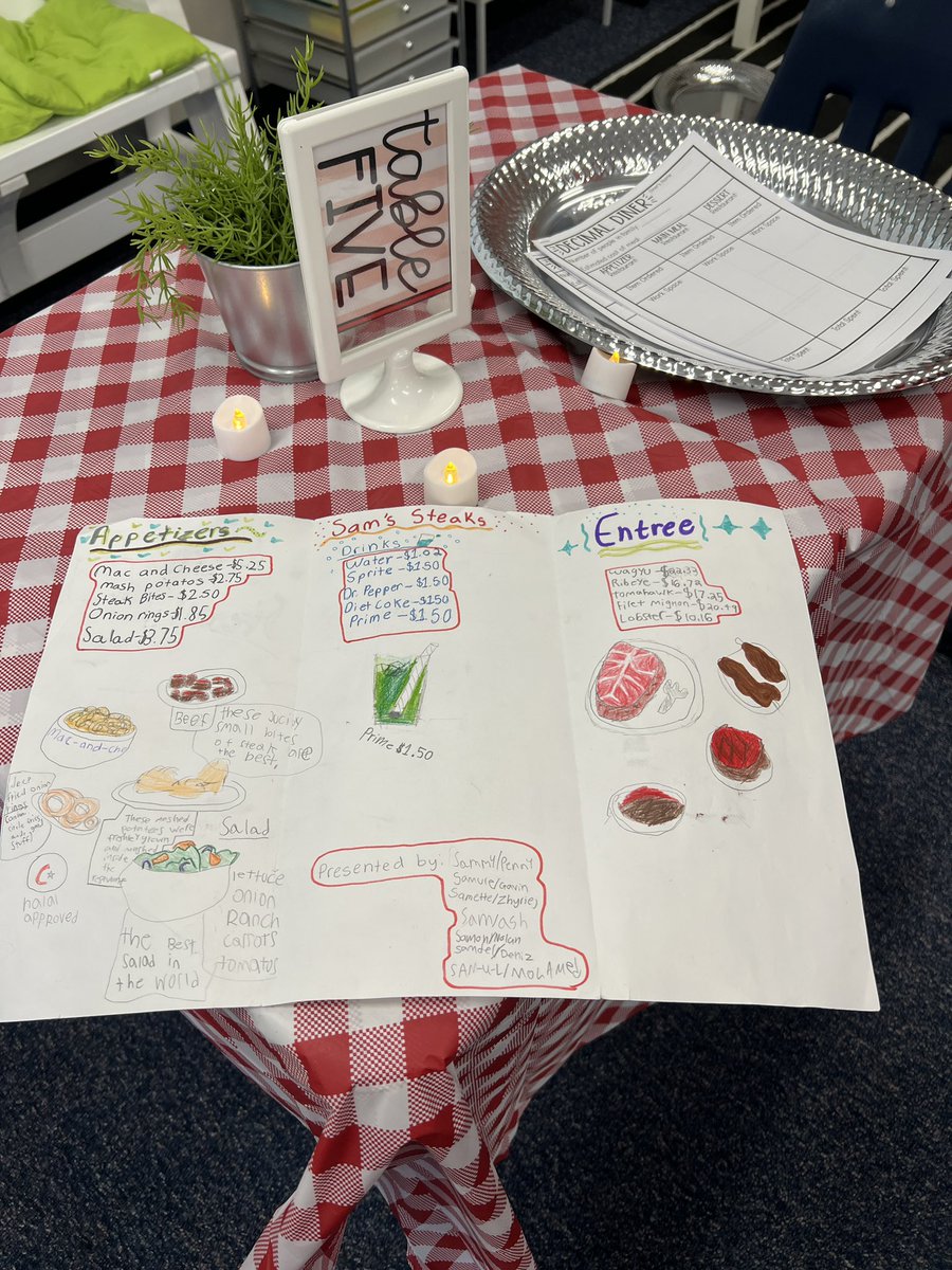 Mrs. Bailey’s 5th graders effectively calculated menu orders, tips and discounts in the Decimal Diner today. 🍕 🤩 #santeesd