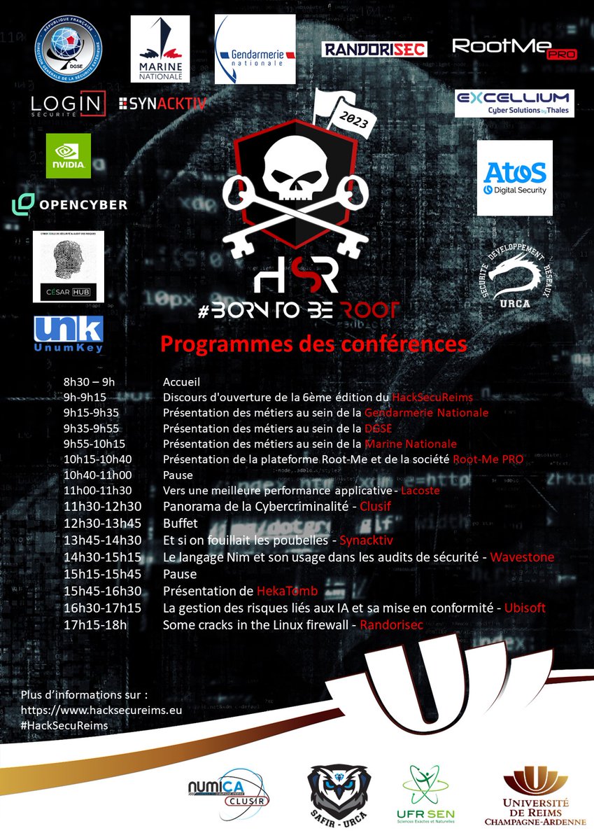 fnolot's tweet image. Le programme des conférences du #HackSecuReims 2023 - Inscription sur hacksecureims.eu/conferences.ht…